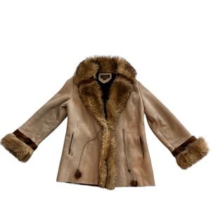 Vintage 1990s Novelti Faux Fur Suede Tan Penny Lane Coat w/ Pom Pom Ties L